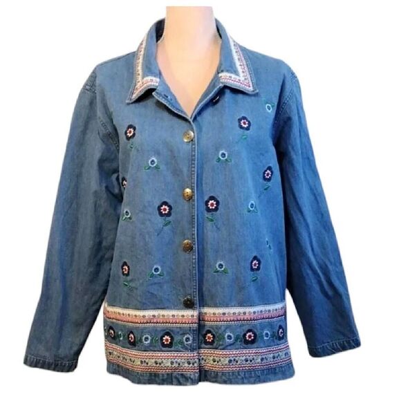 VTG 90s Floral Denim Embroidered Button Front Cottagecore Cardigan XL - Picture 15 of 16